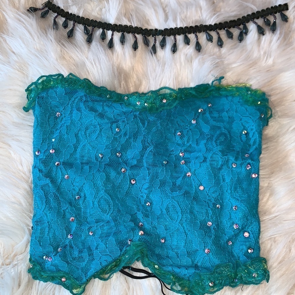 Turquoise two piece dance costume adorned with Swarovski Crystals - Picture 3 of 9